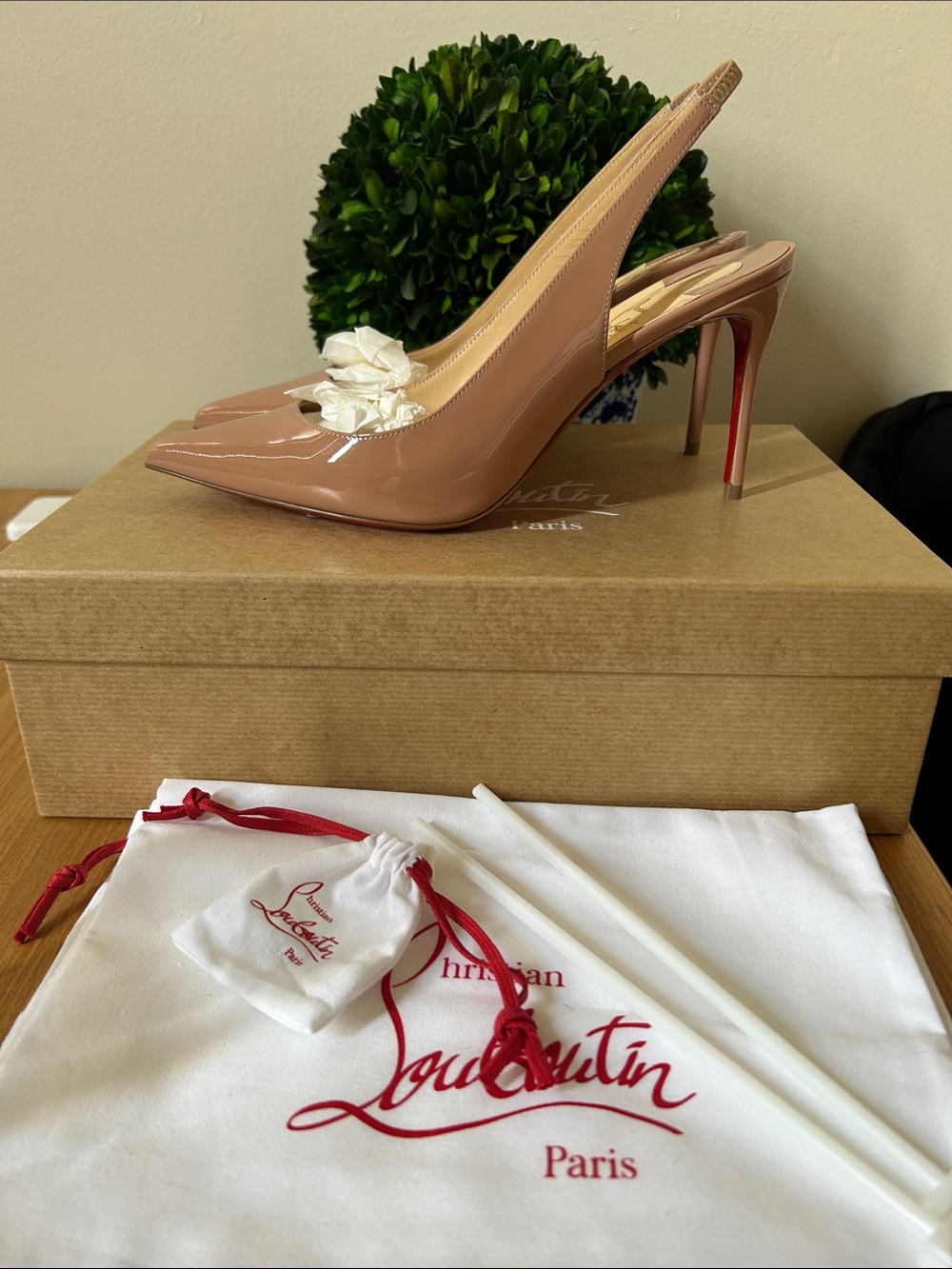Christian Louboutin Nude Patent Slingback Pumps with Red Sole